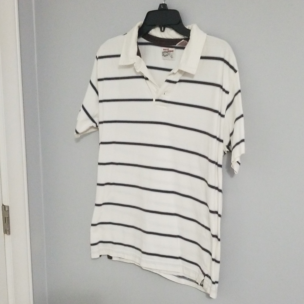 Mens polo shirt, size L, white with brown/blue